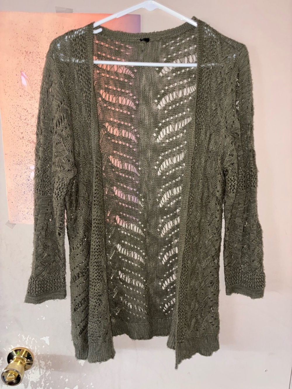 Open-Front Olive Green Knit Cardigan Sweater